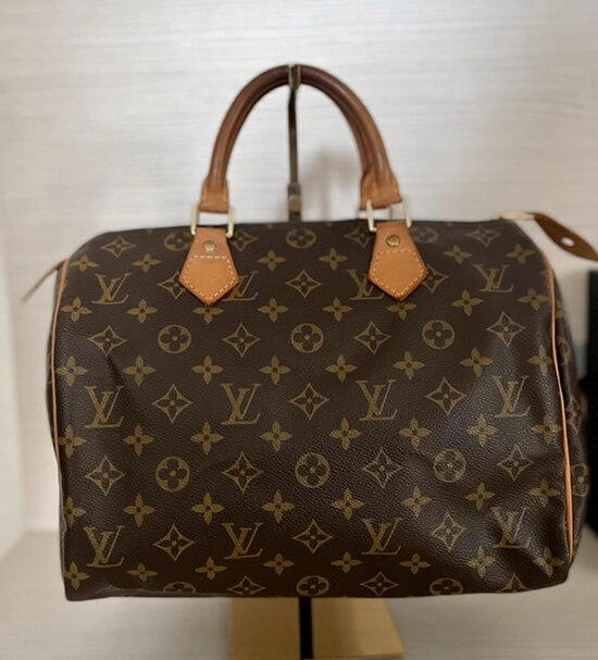 close up of a lv speedy bag