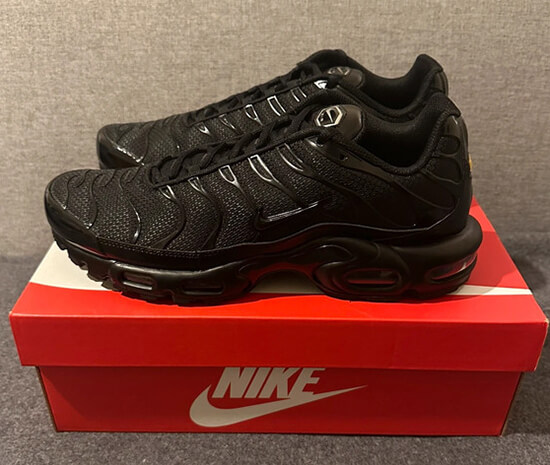 A pair of Nike TN sneakers in classic black colorway