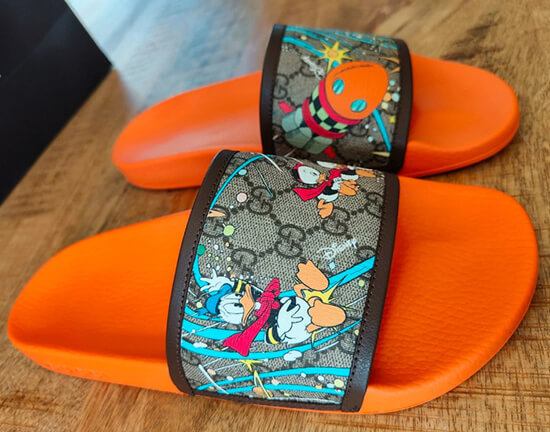 Orange Gucci slippers dupes with Disney design 